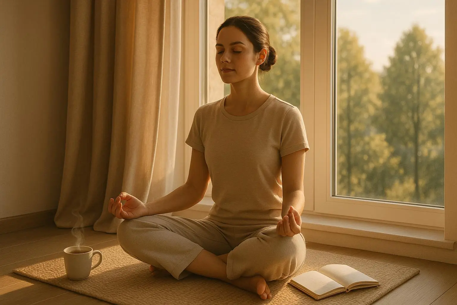 Mindfulness coach guiding a calm session in a bright studio